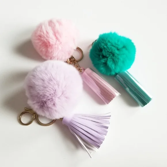 3 Faux Fur Pom Leather Tassel Keychain Bag Charms - Picture 2 of 7